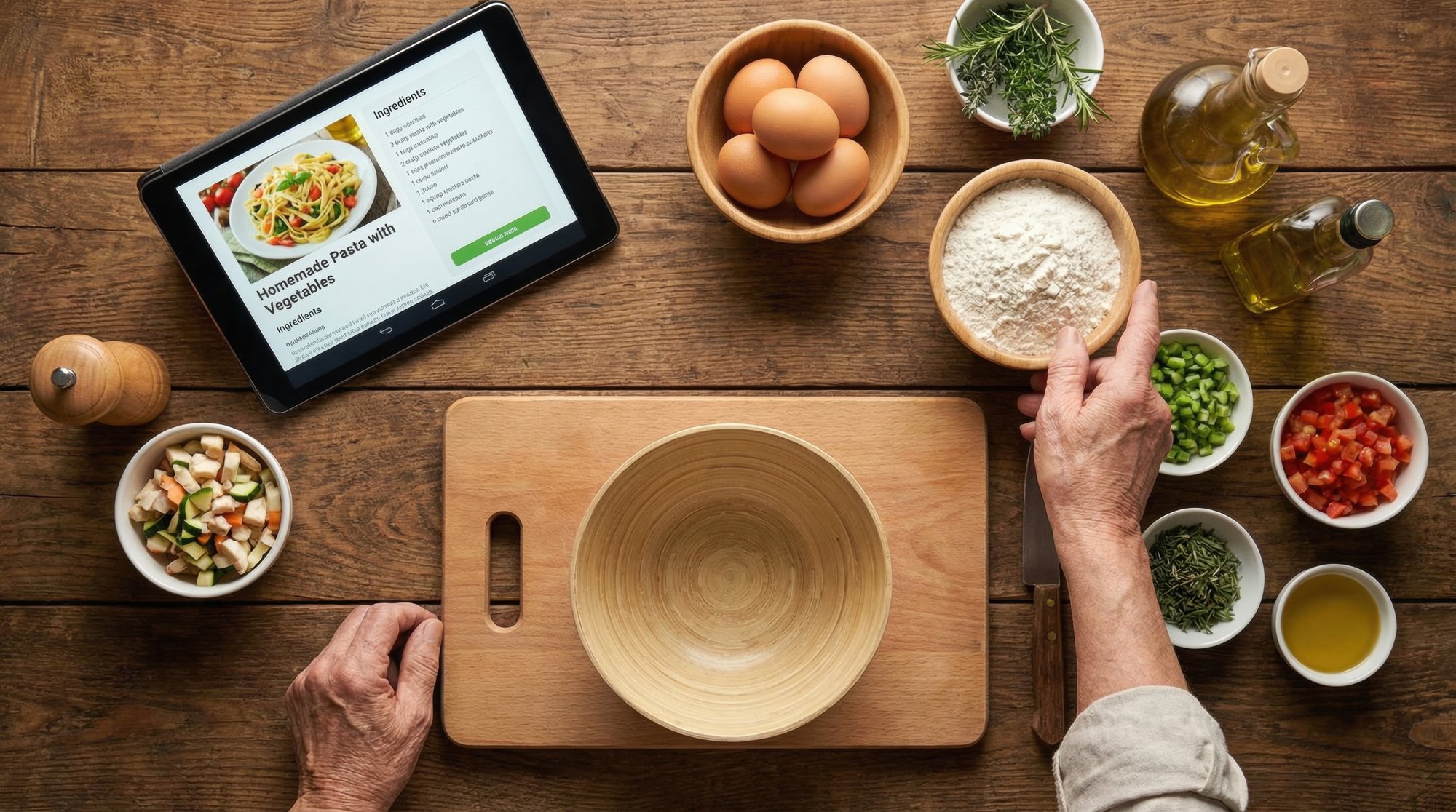 Ingredienti disposti in ordine su tavola da cucina